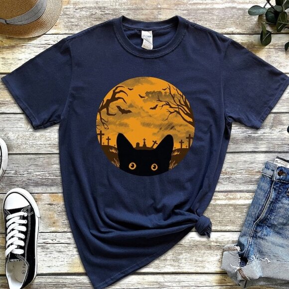 Tops - Peeking Cat on Halloween Night T-Shirt, Cat Halloween Shirt